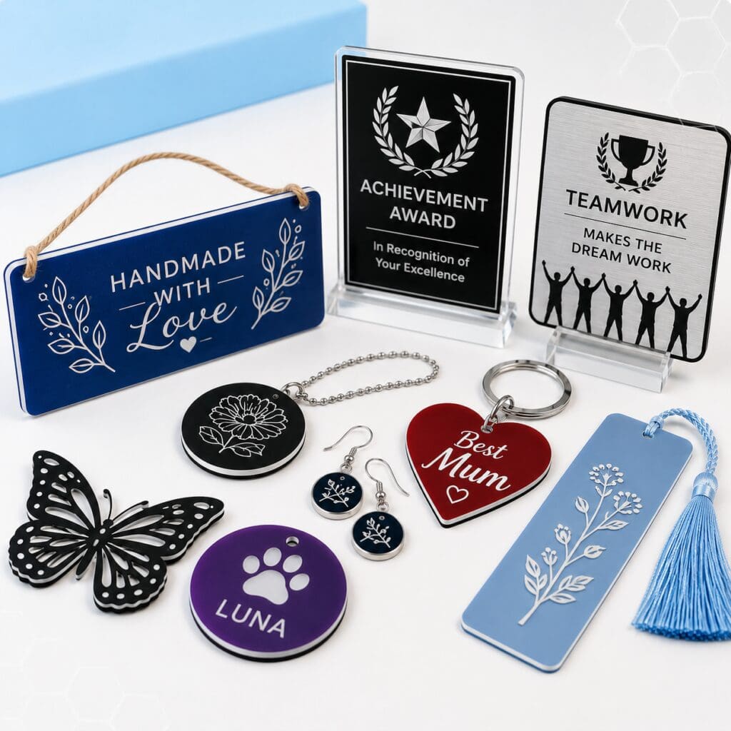 Custom laser-engraved two-ply acrylic craft items featuring personalised plaques, trophies, jewellery, bookmarks and gifts in a range of colours and finishes.