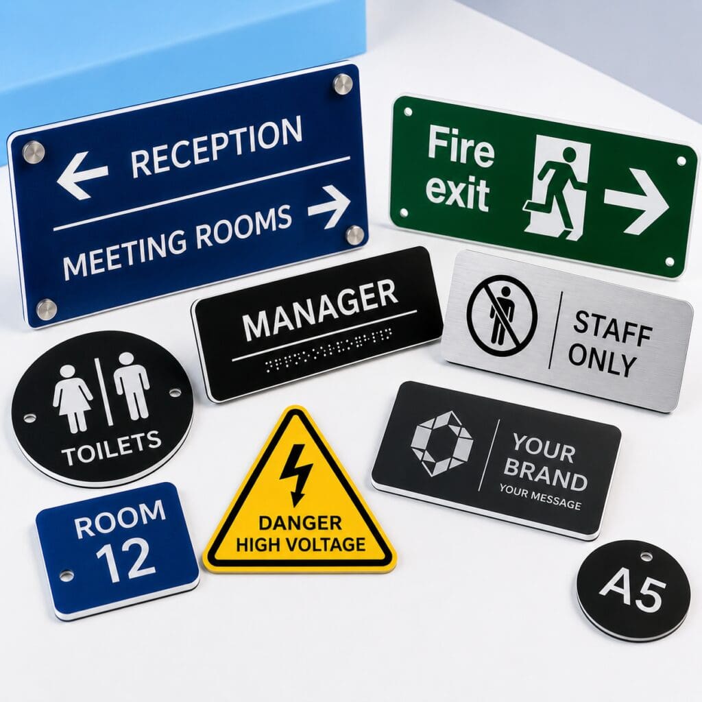 Collection of laser-engraved two-layer acrylic signs including reception signs, room numbers, safety notices, directional signs and identification plaques displayed on a clean white background.