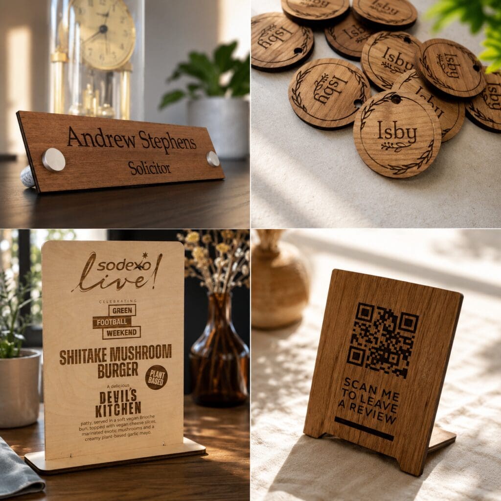 Laser engraved wooden products including a personalised nameplate, branded tags, menu display and QR review stand, showcasing custom laser engraving on natural wood materials.